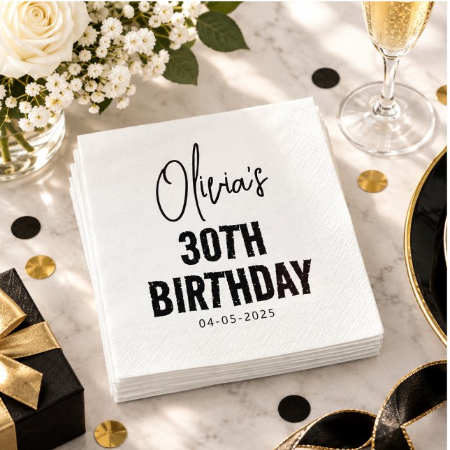 Modern svart skript 30-års födelsedag Chic & Minim Pappersservett (Modern Black Script 30th Birthday Chic & Minimalis Napkins)
