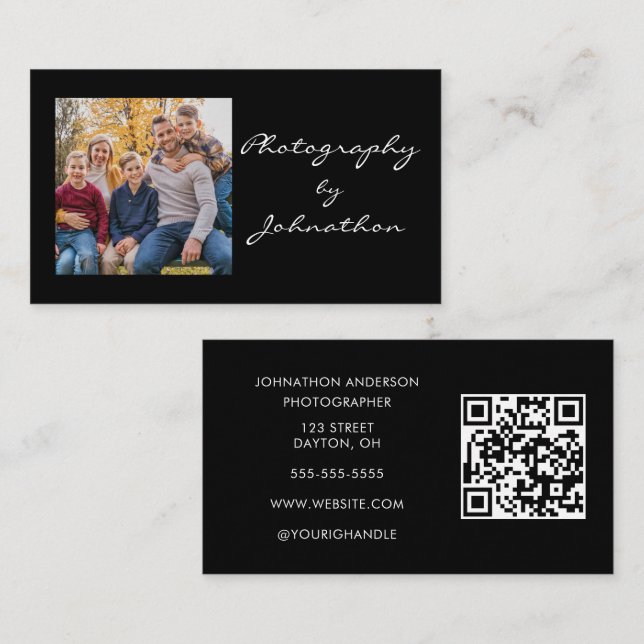 Modern svart skript foto QR-kod fotografering Visitkort (Fram/baksida)