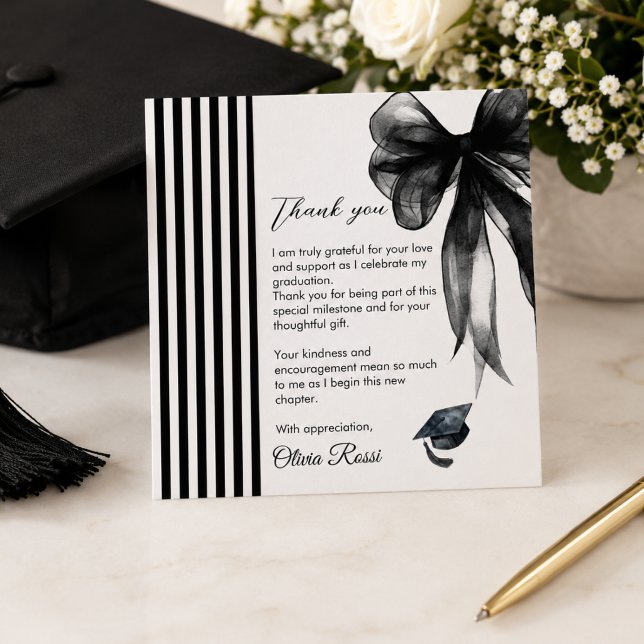 Modern svart slinga Coquette Examen Tacksamhetskor Tack Kort (Modern Watercolor Black bow coquette ggraduation party thank you card)