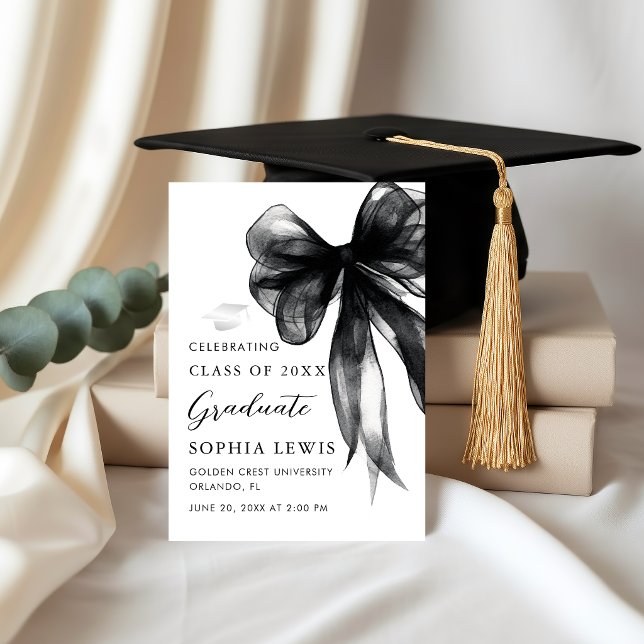 Modern svart slinga Coquette-examensbevis Inbjudningar (Elegant Watercolor Black Bow Coquette Graduation Announcement card)