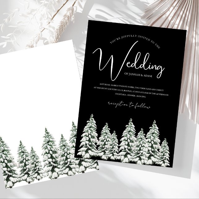 Modern Svart Snöig Tallskogsbröllop Inbjudningar (Winter Black and White Snowy Pine Trees Wedding Invitation)