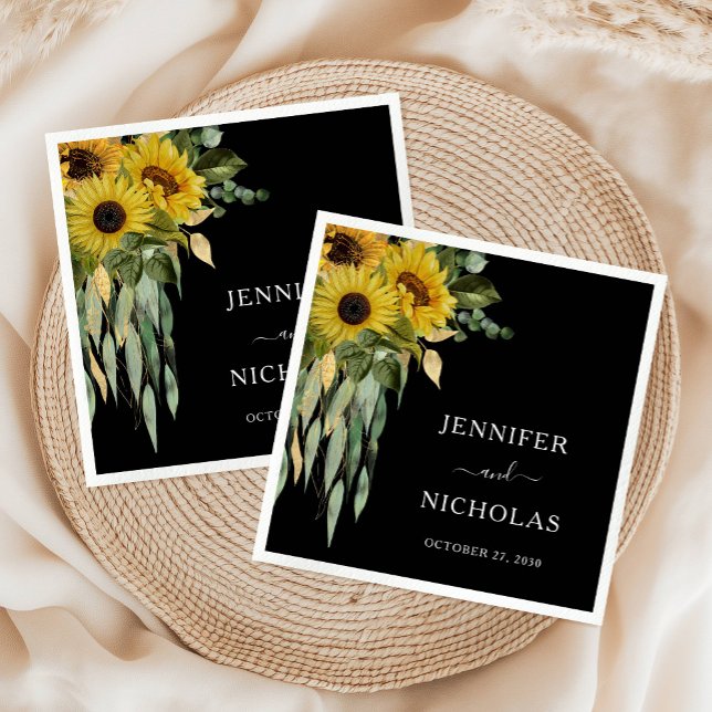 Modern Svart Solros Bröllop Pappersservett (Modern Black Sunflower Wedding Napkins)