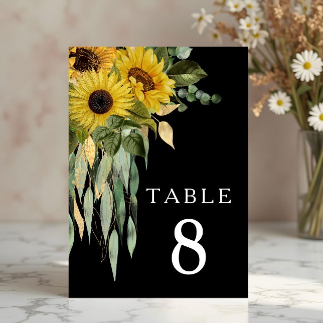 Modern svart solrosblomma Bröllop Bordsnummer (Modern Black Sunflower Wedding Table Number)