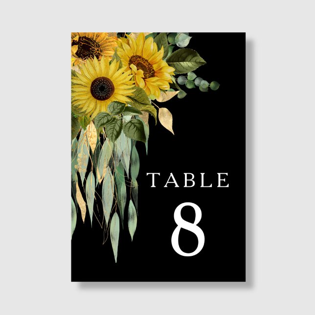 Modern svart solrosblomma Bröllop Bordsnummer (Modern Black Sunflower Wedding Table Number)