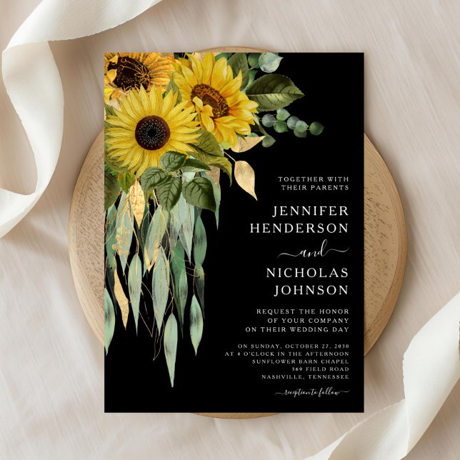 Modern svart solrosblomma Bröllop Inbjudningar (Modern Black Sunflower Wedding Invitation)