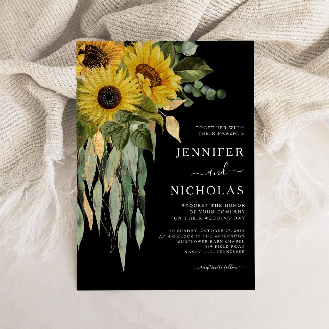 Modern svart solrosblomma Bröllop Inbjudningar (Modern Black Sunflower Wedding Invitation)