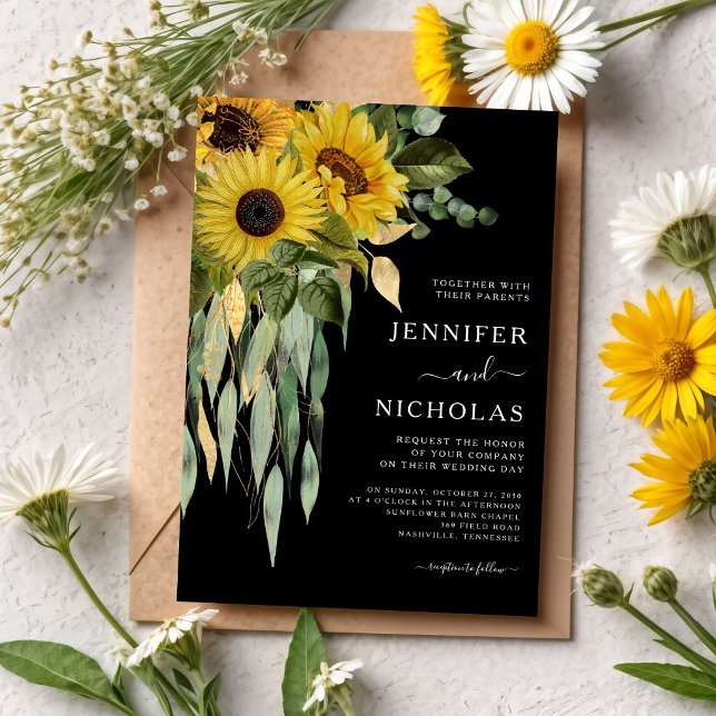 Modern Svart Solrosbröllop Inbjudningar (Modern Black Sunflower Wedding Invitation)