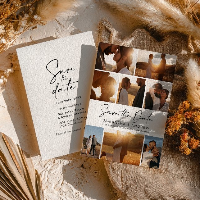 Modern svart spara datum 8 fotostödraster spara datumet (Modern black save the date 8 photo grid collage)