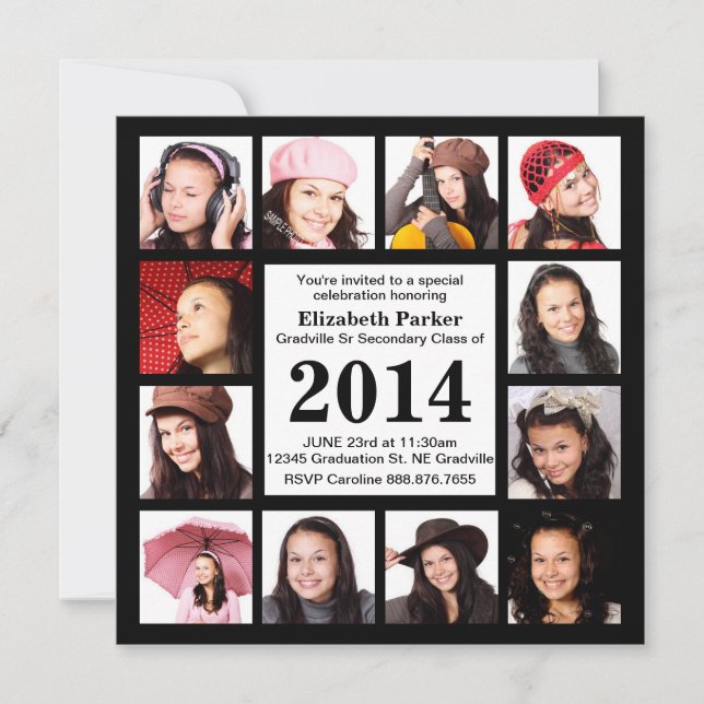 Modern svart Studenten med 12 foton Inbjudningar (Framsida)