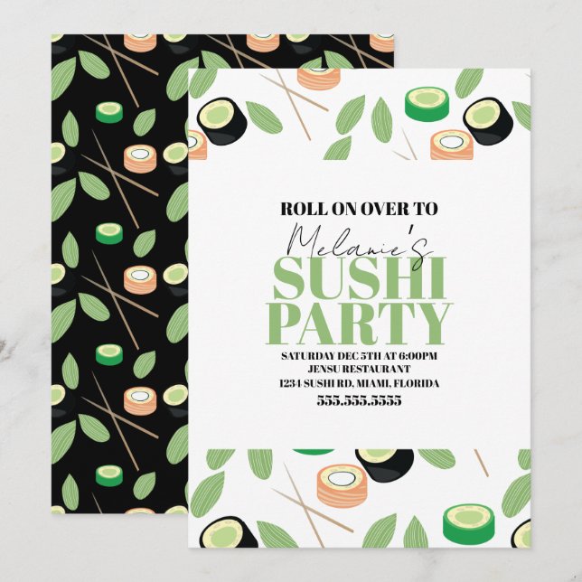 Modern Svart Sushi Partyrullar Födelsedagsinbjudan Julkort (Fram/baksida)
