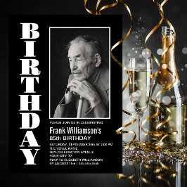 Modern svart, svart, vit Födelsedagsfest i alla ål Inbjudningar