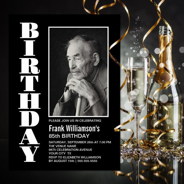 Modern svart, svart, vit Födelsedagsfest i alla ål Inbjudningar (Skapare uppladdad)