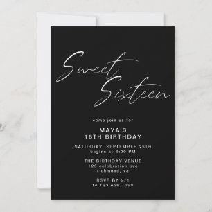 Modern svart Sweet sixteen Elegant 16:e födelsedag Inbjudningar