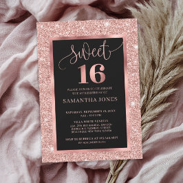 Modern svart sweet sixteen i glitter ro inbjudningar