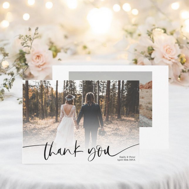 Modern svart tack 2 bilder bröllop  kort (Modern script black thank you 2 photos wedding )