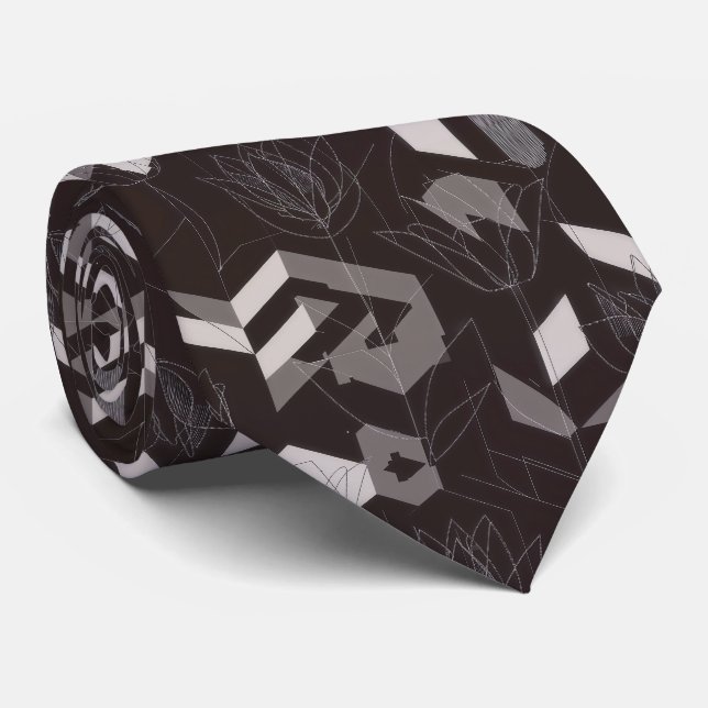 Modern svart taupe tulpan geometrisk blommönster slips (Rullad)