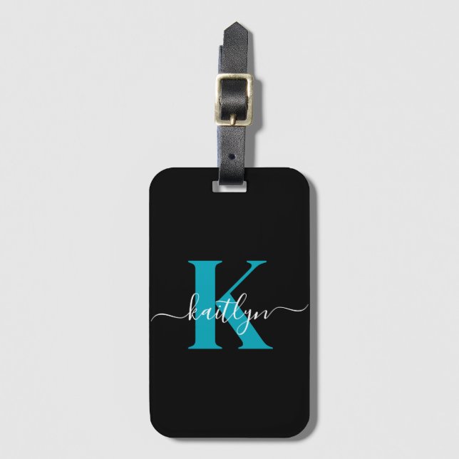 Modern svart teal skriptmonogram bagagebricka (Framsida vertikal)