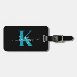 Modern svart teal skriptmonogram bagagebricka