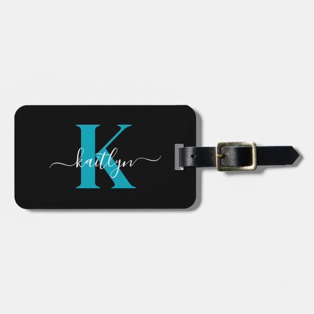 Modern svart teal skriptmonogram bagagebricka (Horisontell Framsida)