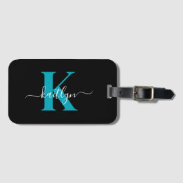 Modern svart teal skriptmonogram bagagebricka