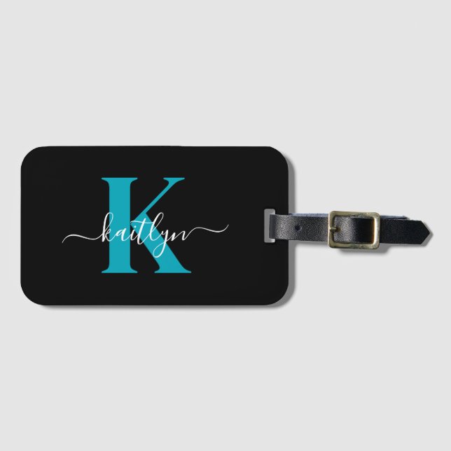 Modern svart teal skriptmonogram bagagebricka (Framsida horisontal)