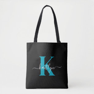Modern svart teal skriptmonogram tygkasse