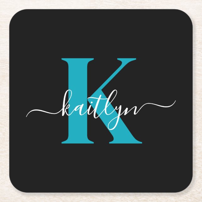 Modern svart teal skriptmonogram underlägg papper kvadrat (Framsidan)