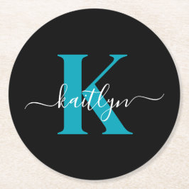 Modern svart teal skriptmonogram underlägg papper rund