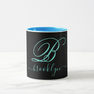 Modern svart turkos handskriven Monogrammed Mugg