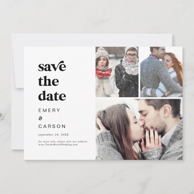 Modern svart typografi 3 fotokollage spara datumet (Framsida)