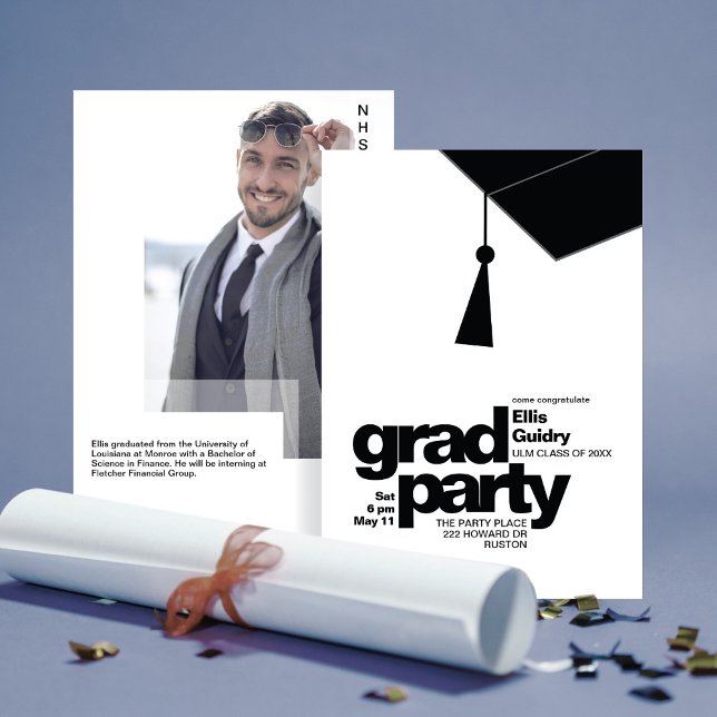 Modern svart typografi & Tassel-examensfest foto Inbjudningar (Skapare uppladdad)