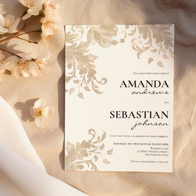Modern svart typografi, vit guld blommigt bröllop inbjudningar (Modern black typography white gold floral Wedding)