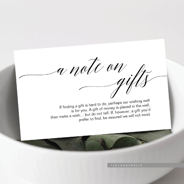 Modern svart typsnitt, en anteckning om gåvor tilläggskort (A Note On Gifts Enclosure Card, For Wedding Invites Card, In Modern Classy Clean Script)