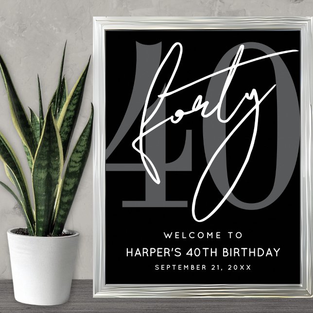 Modern svart välkomstskylt för 40-årsfest poster (Modern Black 40th Birthday Party Welcome Sign)