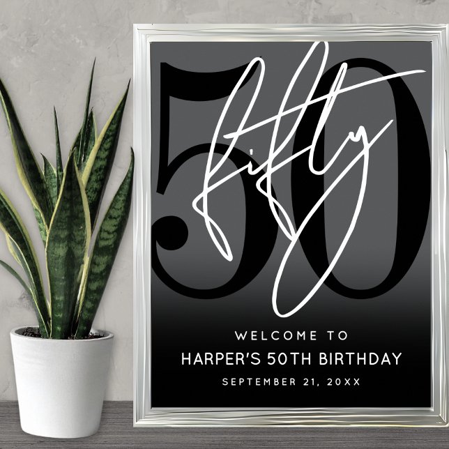 Modern svart välkomstskylt för 50-årsfest poster (Modern Black 50th Birthday Party Welcome Sign)
