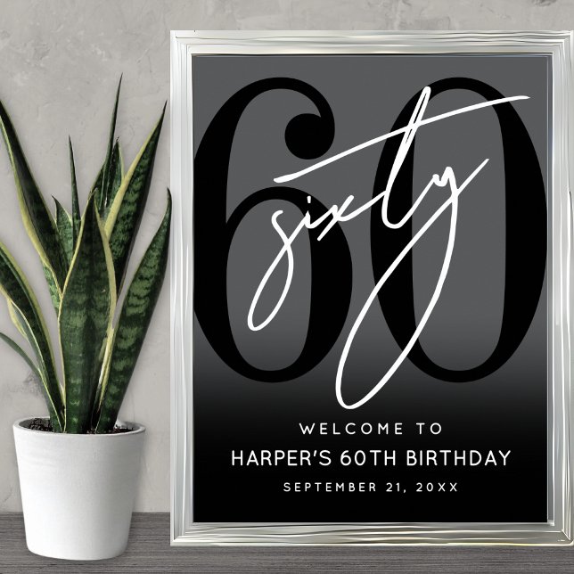 Modern svart välkomstskylt för 60-årsfirande poster (Modern Black 60th Birthday Party Welcome Sign)