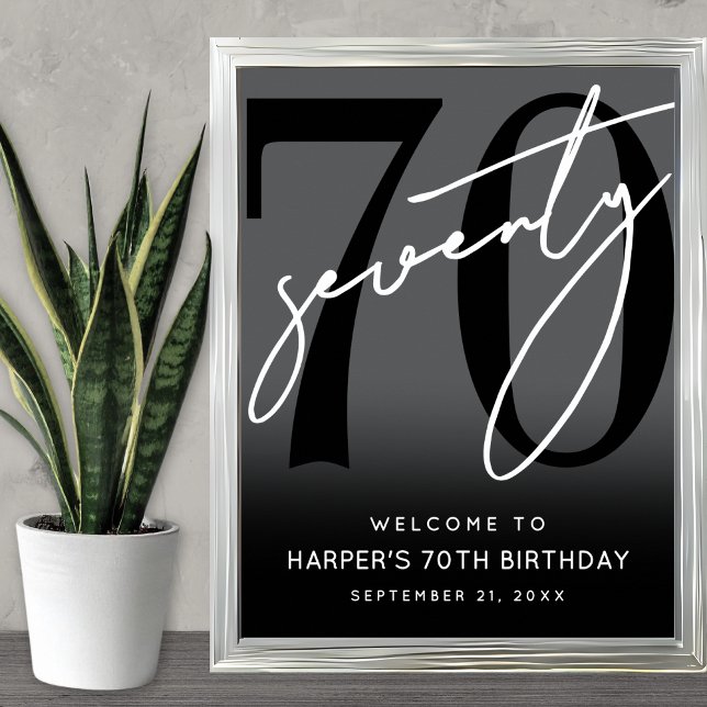 Modern svart välkomstskylt för 70-årsfirande poster (Modern Black 70th Birthday Party Welcome Sign)