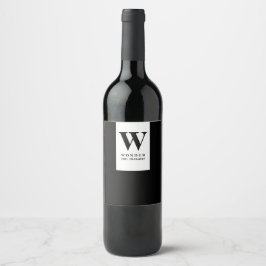 Modern svart vigselmonogram | Minimalistisk Vinflaska Etikett