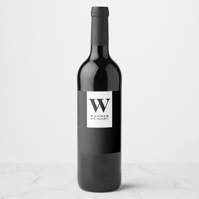 Modern svart vigselmonogram | Minimalistisk Vinflaska Etikett (Framsida)