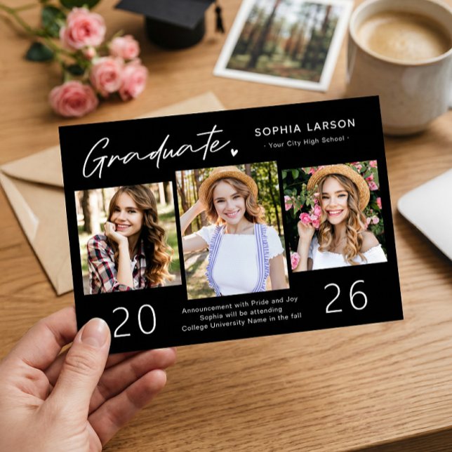 Modern svart-vit 3-foto collage-examen meddelande (Skapare uppladdad)