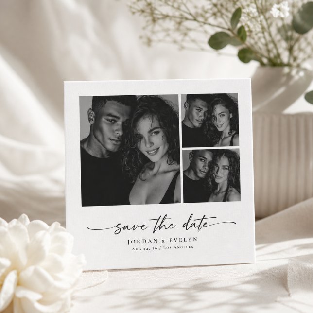Modern svart & vit 3-foto Save the Date Spara Datumet (Skapare uppladdad)