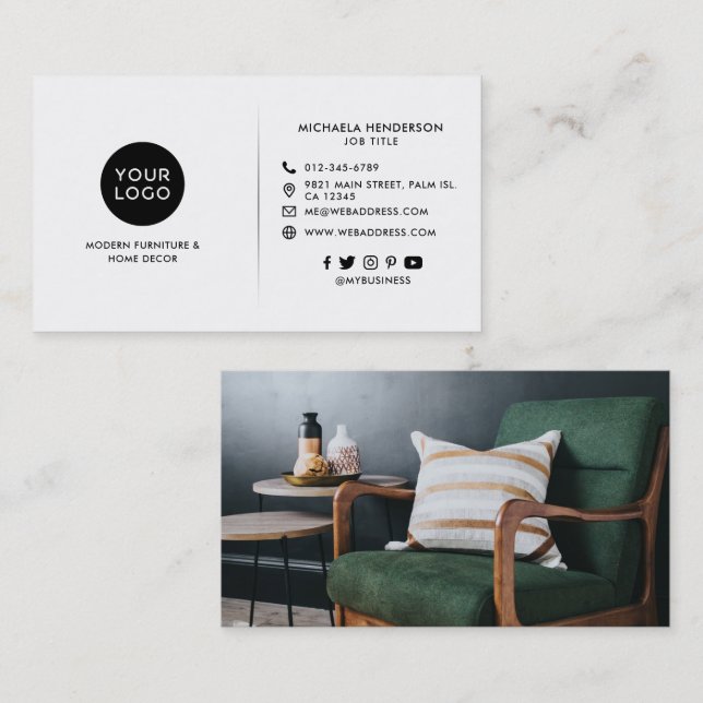 Modern svart-vit anpassad logotyp, foto och social visitkort (Fram/baksida)