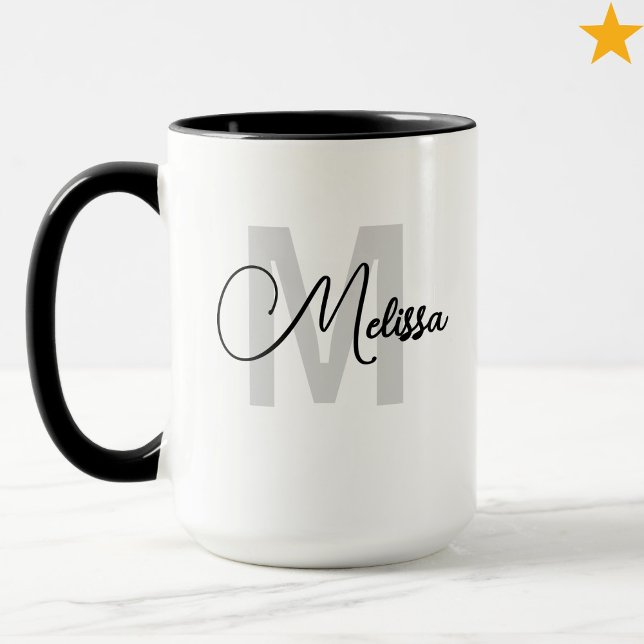 Modern svart vit anpassad namn kursiv monogram mugg (Skapare uppladdad)