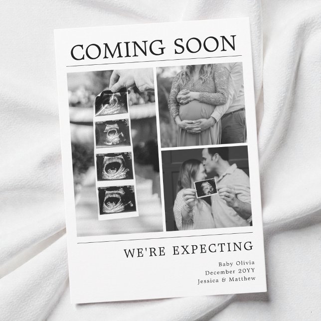Modern svart-vit babyfoto graviditetsuppenbarelse meddelande (Modern Black and White Baby Photo Pregnancy Reveal Announcement)