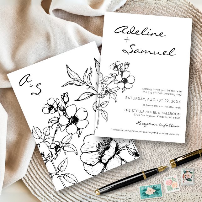 Modern Svart & Vit Blommig Enkel Elegant Bröllop Inbjudningar (Simple elegant classic black and white modern floral wildflower monogram wedding invitation)
