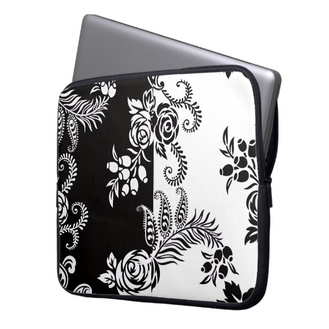 Modern svart-vit blommig laptopfodral laptop fodral (Framsidan Vänster)