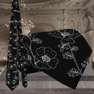 Modern Svart & Vit Blommig Vin Bröllop Slips