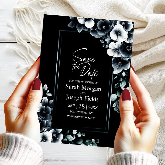 Modern svart vit Blommigt Spara datum Inbjudningar (Skapare uppladdad)
