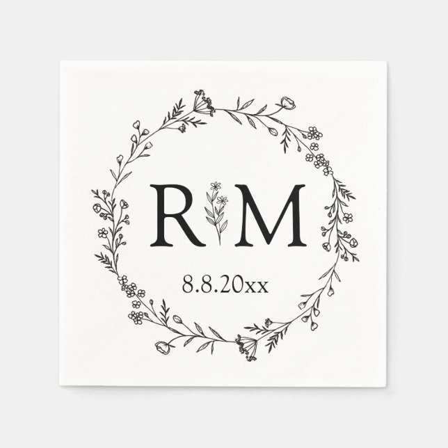 modern svart & vit blomster monogram bröllop  pappersservett (Framsidan)