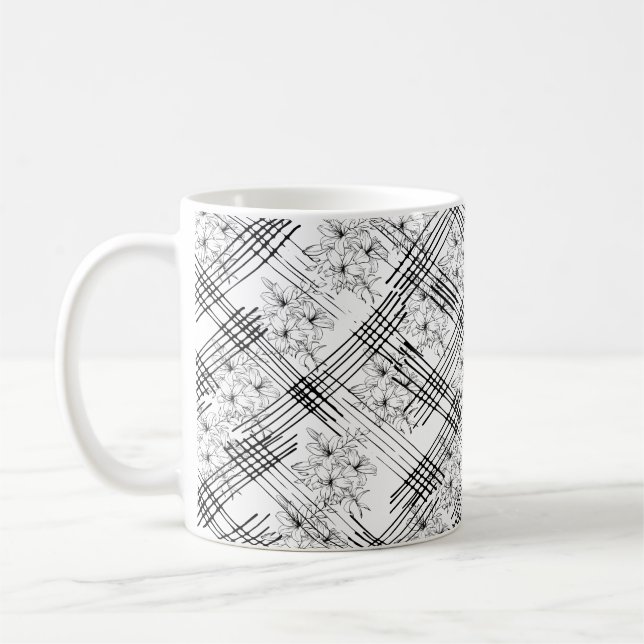 Modern svart-vit blomstergeometrisk mönster kaffemugg (Vänster)